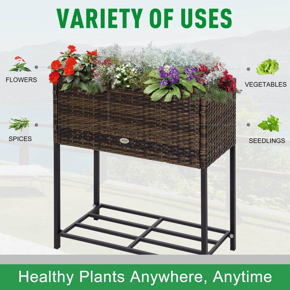 Brown Elevated Rattan Wicker Outdoor Flower Stand with Tool Storage