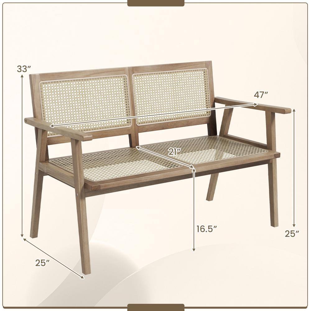 Teak Wood and Natural Rattan Outdoor Bench with Armrests