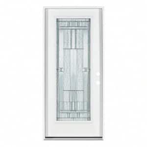 36 in. x 80 in. Left-Hand/Inswing Decorative Glass White Fiberglass Prehung Front Door with Brickmold, Lockset Bore