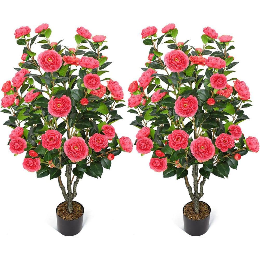 2 Pack 42 in. Artificial Camellia Tree with Pink Blooms, Plastic