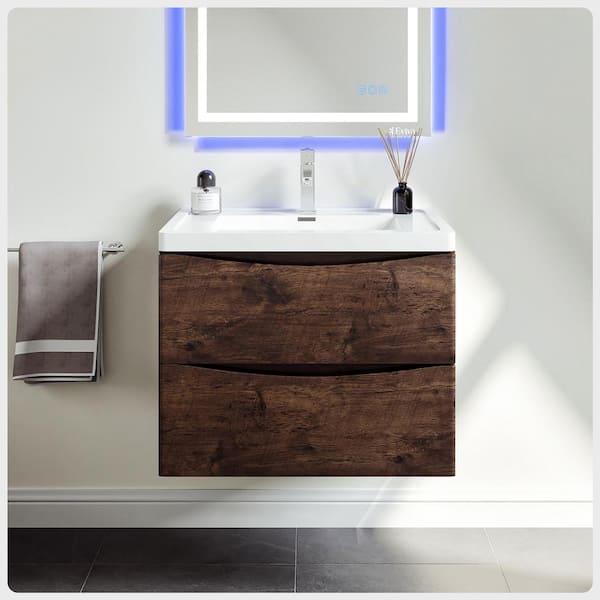 Eviva Smile 30 in. W x 19 in. D x 18 in. H Single Bath Vanity Floating in Rosewood with White Acrylic Top with White Sink