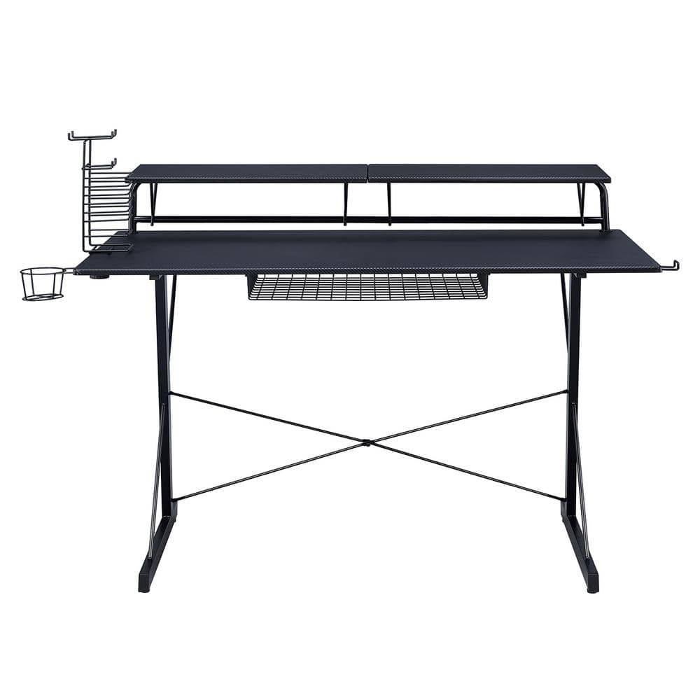 Black Carbon Fiber Gaming Desk with Drawer and Cup Holder