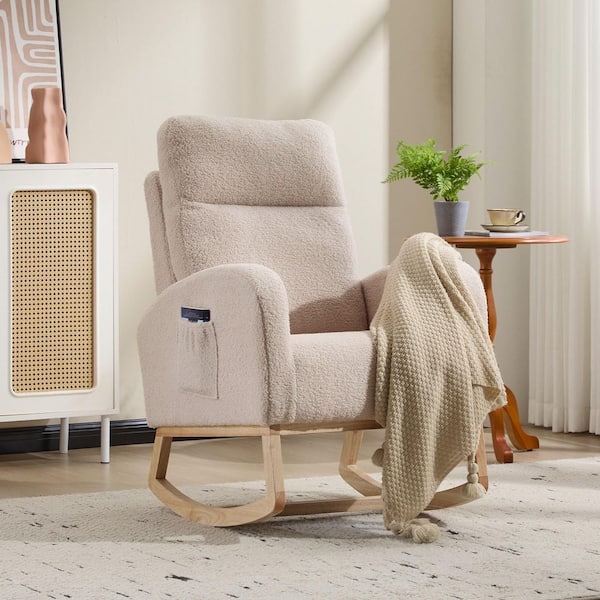 24.8 in. W Beige Teddy Fabric Rocking Chair with Solid Wood Legs, High Back, Side Pocket for Nursery and Living Room