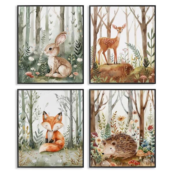 Baby Animals in Woods by LSR Design Studio 4 Pieces Black Framed Animal Giclee Art Print 20 in. x 16 in.