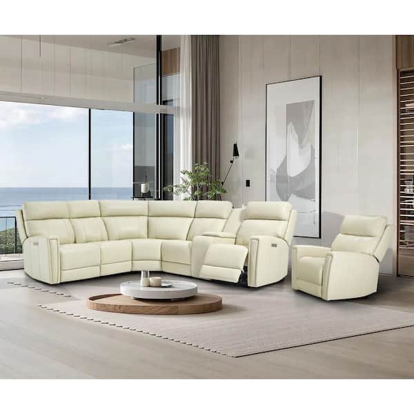 Hank 104 in. 7-pieces Genuine Leather Power Sectional and Recliner Living Room Set with Ajustable headrest in Cream
