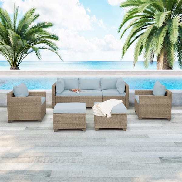 TK CLASSICS Maui 7-Piece Wicker Patio Conversation Set with Sky Blue Cushions