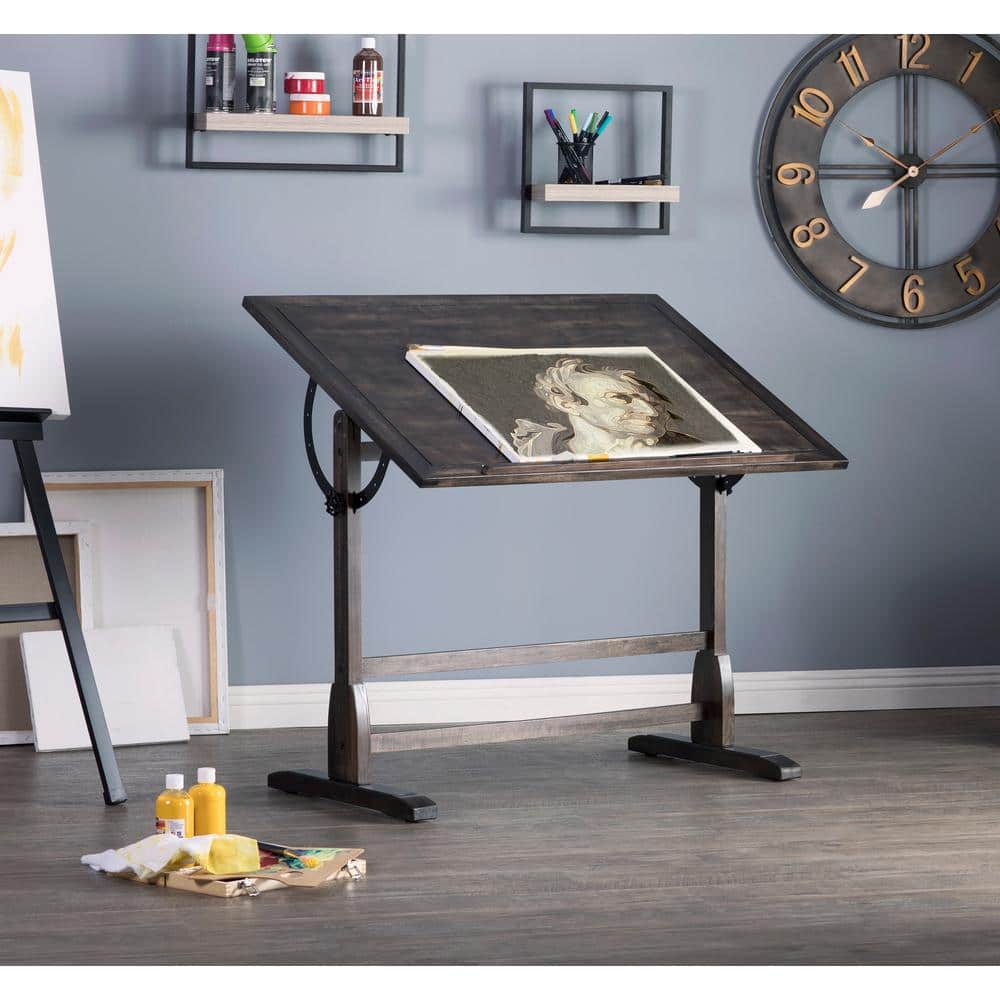 Distressed Black Vintage Solid Wood Drafting Table with Adjustable Top 42"x30"