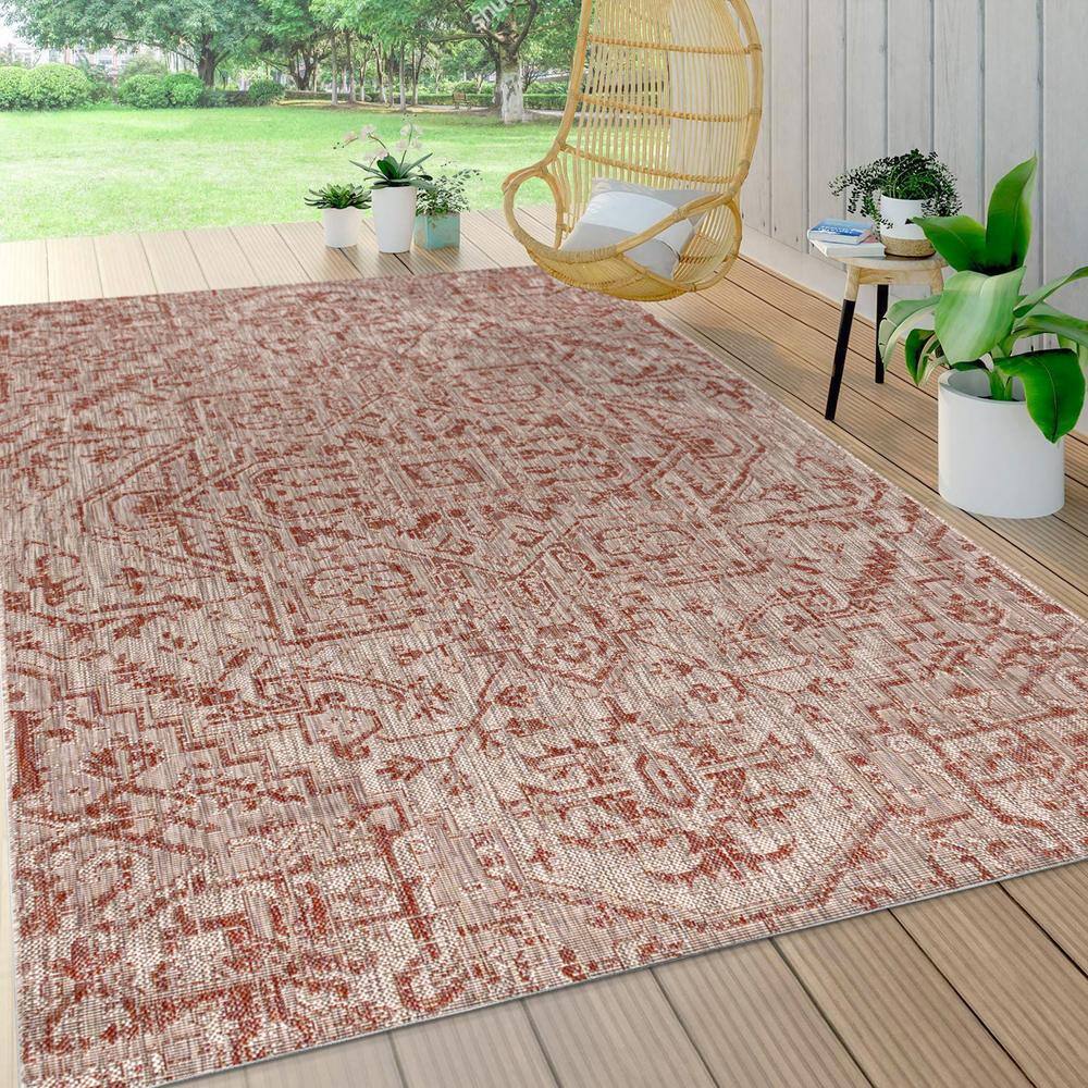 Estrella Red and Taupe Medallion Synthetic Indoor/Outdoor Area Rug