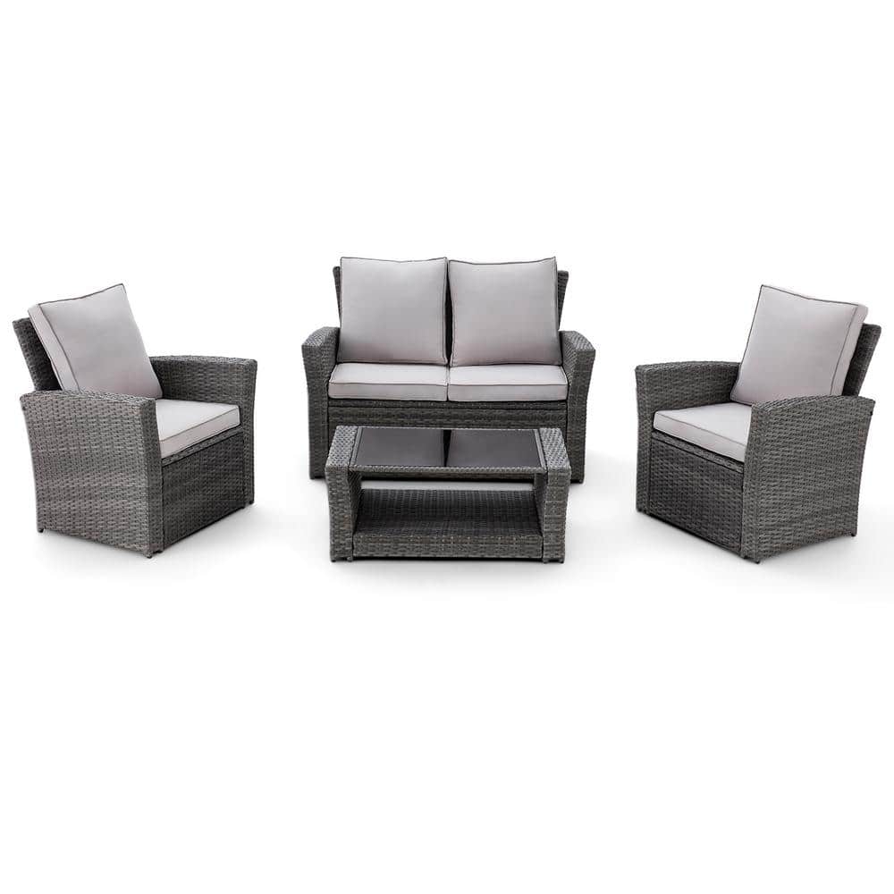 4-Piece PE Rattan Wicker Patio Conversation Set with Gray Cushions with Gla