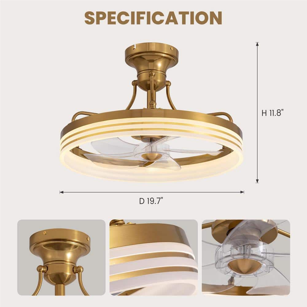 Gold Low Profile Flush Mount Ceiling Fan with LED Light and Remote