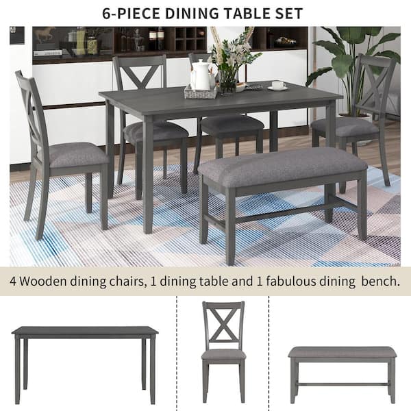 6 Pieces Dining Table Set with Bench, Wood Rectangle Table, 4 Chairs and  Bench with Cushion, Kitchen Table Chairs Set for 6 Persons (Gray)