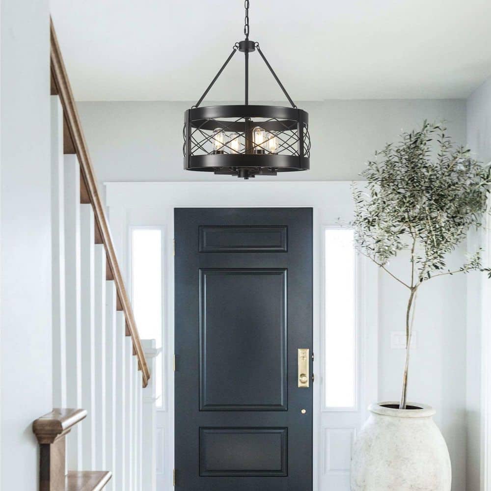 "4 light 17.71"" Dimmable Black Farmhouse Drum Chandelier Metal Cage for Kitchen Island with no bulbs included" price history on PriceWatchPro