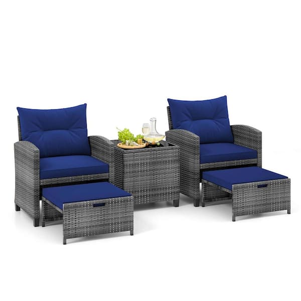 Costway Grey 5-Piece Metal Patio Conversation Set with 2 Ottomans and Tempered Glass Coffee Table and Cushion Navy