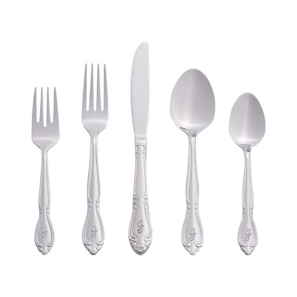 Rose Monogrammed Letter J 46-Piece Silver Stainless Steel Flatware Set (Service for 8)
