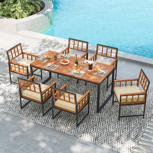 7-Piece Patio Acacia Wood Outdoor Dining Set with Soft Beige Cushions and Umbrella Hole