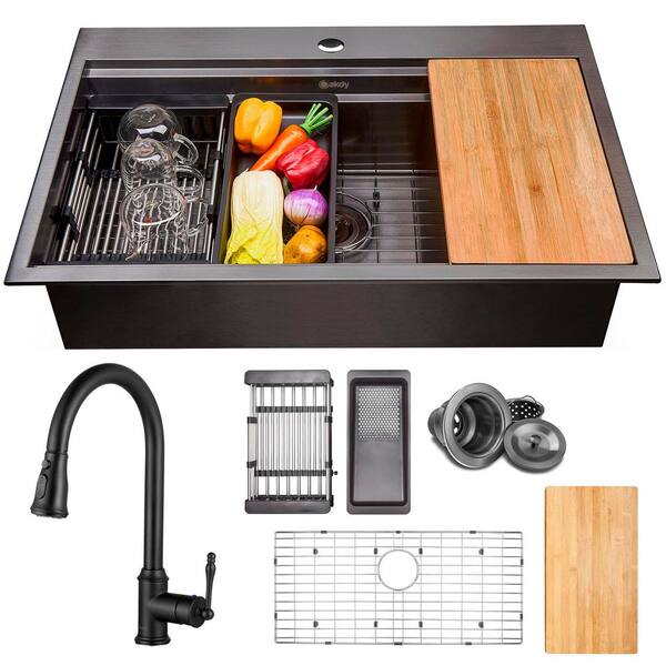Kitchen Sink With Drain Overflow JiuZhuo 32-Inch Black Stainless Steel Double Bowl Kitchen Sink – Drop-In Style, Deep & Easy Clean Modern Kitchen Sink Easy Clean