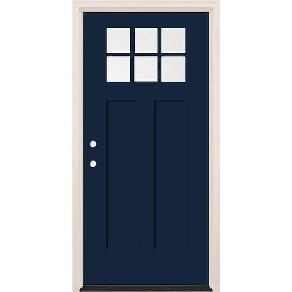 Builders Choice 36 in. x 80 in. Right-Hand 6-Lite Clear Glass Indigo Painted Fiberglass Prehung Front Door with 6-9/16 in. Frame