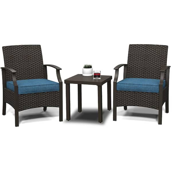 BANSA ROSE Peacock Blue 3-Piece Metal Outdoor Bistro Set with Front Seat Baffle and Blue Cushions