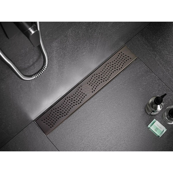 24 in. Linear Stainless Steel Shower Drain with Wave Pattern, Venetian Bronze