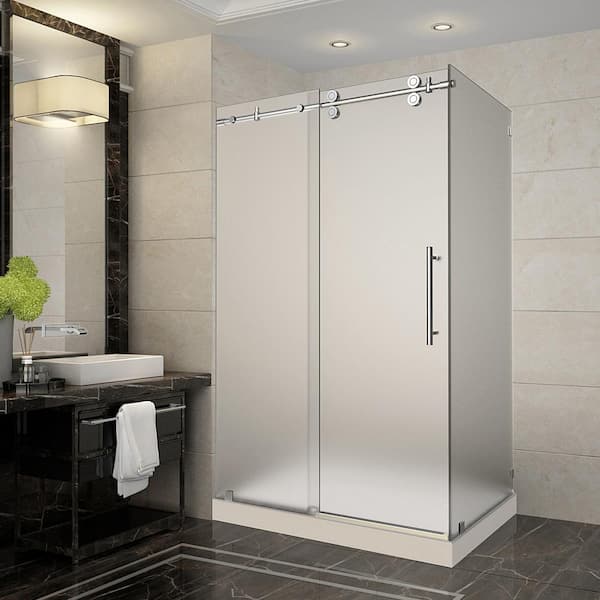 Aston Langham 48 in. x 35 in. x 77.5 in. Completely Frameless Sliding Shower Enclosure and Frosted in Chrome with Left Base