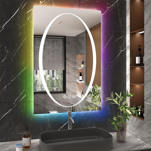Apmir 24 in. W x 36 in. H Rectangular Frameless RGB Backlit LED Frontlit Anti Fog Tempered Glass Wall Bathroom Vanity Mirror RGB1R6090