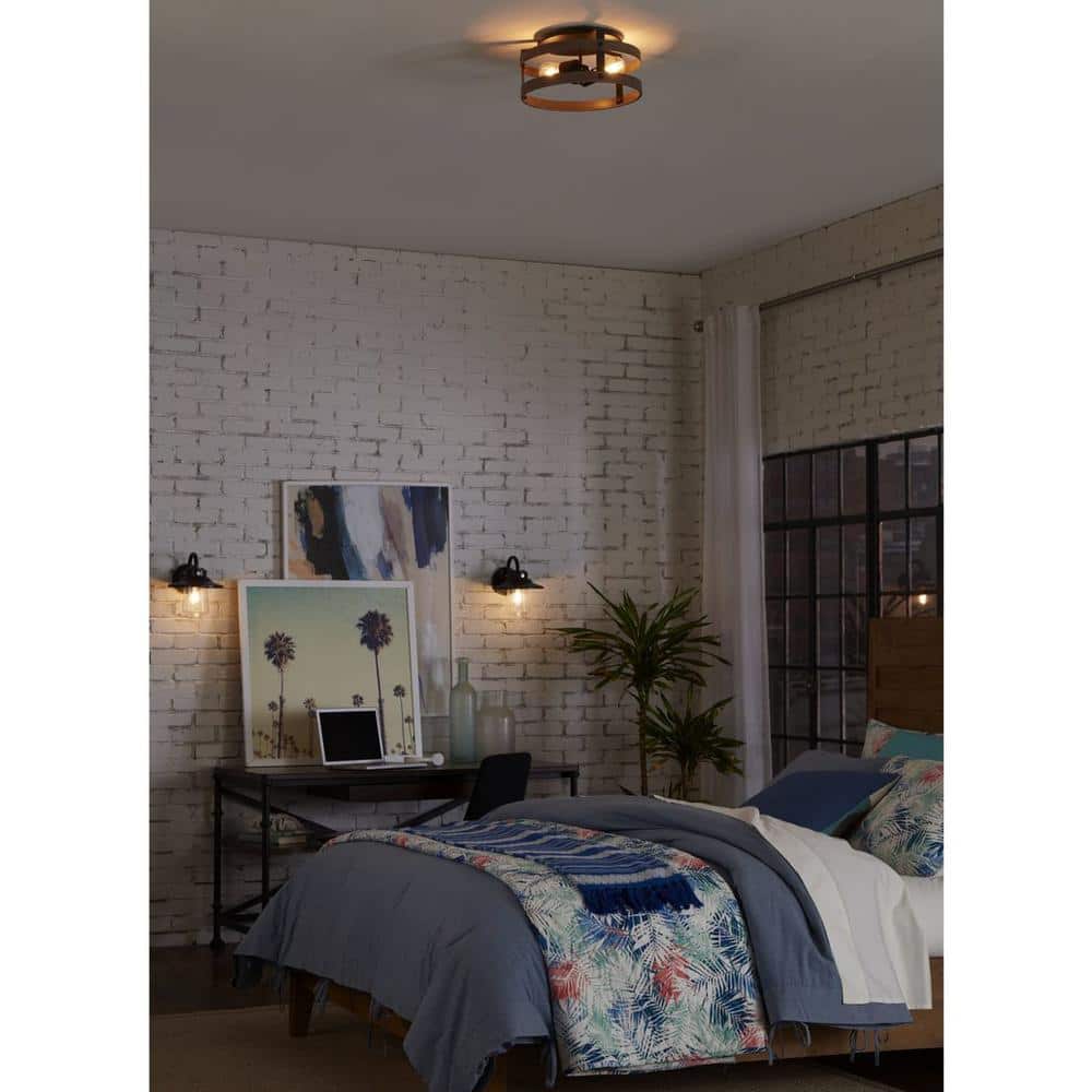 Gulliver 14'' Graphite Modern Farmhouse Flush Mount Ceiling Light with Faux-Wood Accents
