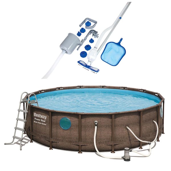Bestway 16 ft. x 16 ft. Round 48 in. Deep Metal Frame Power Vista Pool Set with Vacuum and Maintenance Kit