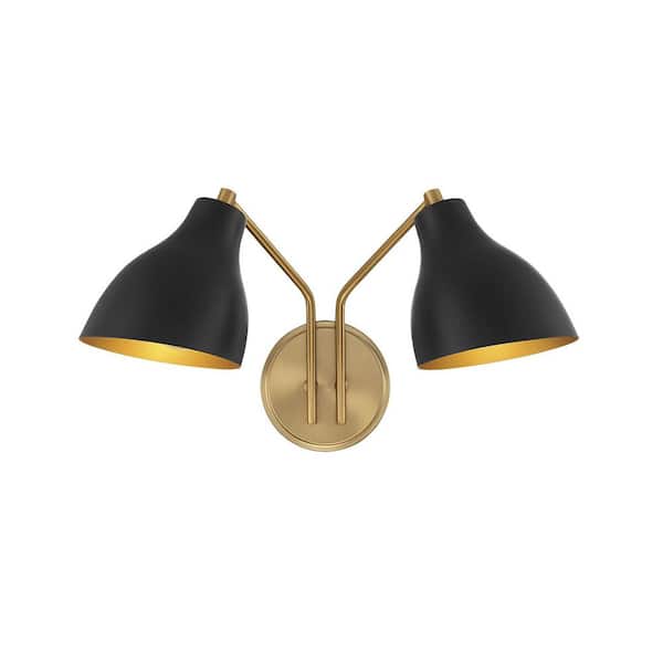 TUXEDO PARK LIGHTING 17.5 in. W x 9.58 in. H 2-Light Matte Black and Natural Brass Wall Sconce with Matte Black Metal Shades