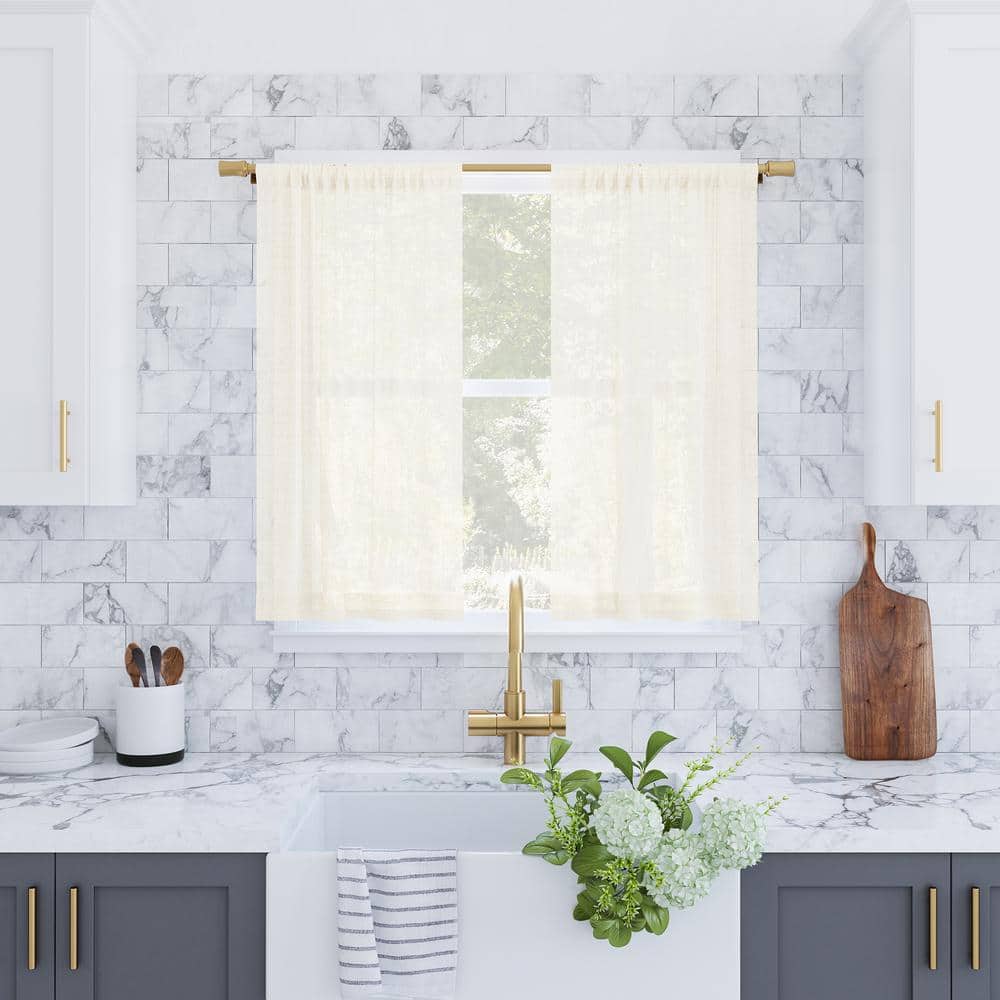 Ivory Light-Filtering Linen Blend Cafe Curtain Pair 56" x 24"