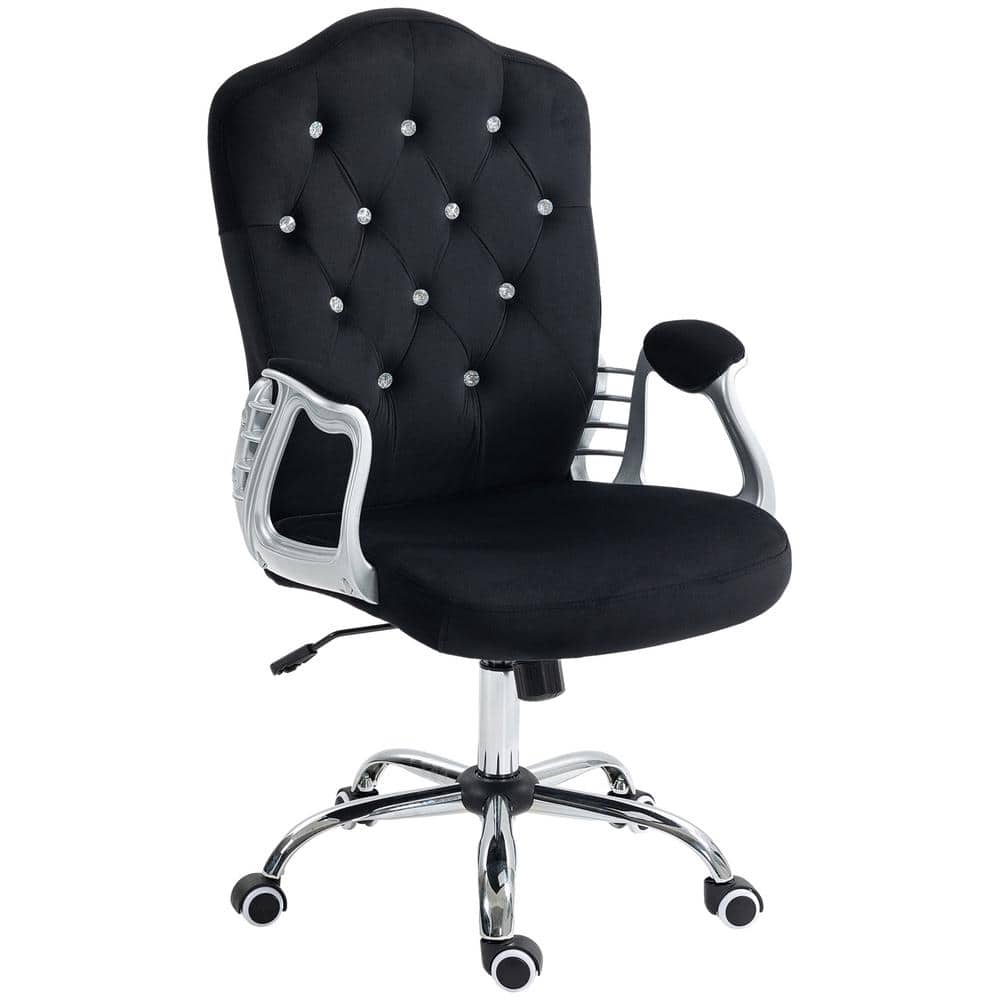 Black Velvet Button Tufted Swivel Task Chair with Fixed Arms