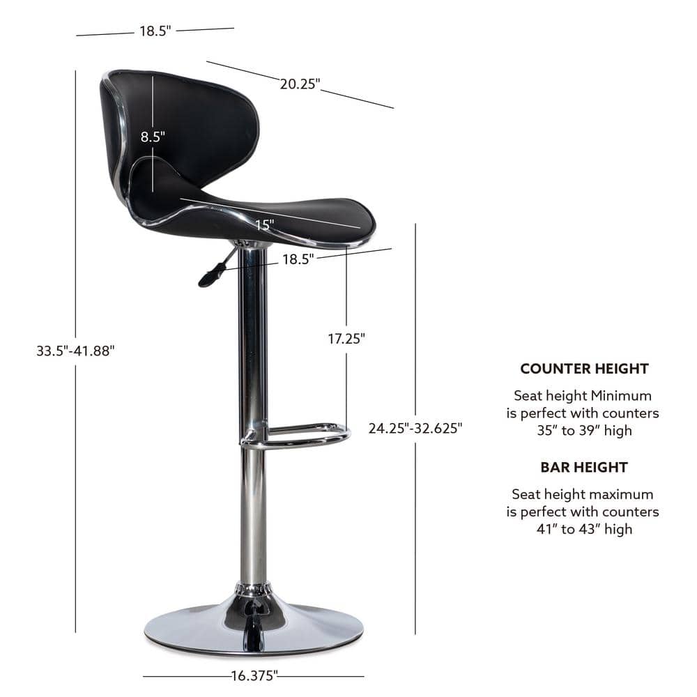 Adjustable Swivel Bar Stool in Black Faux Leather and Chrome