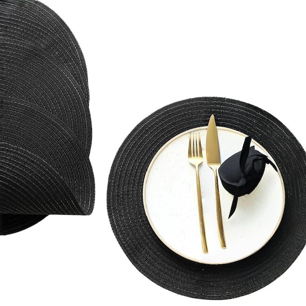 15 in. Cotton Polyester Placemats with Round, Washable Heat Resistant, Circle for Kitchen Dining Table, Black (4-Pack)