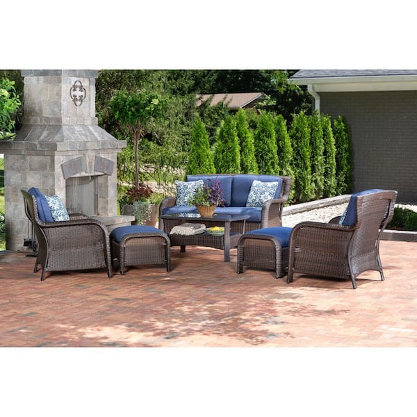 Hanover Strathmere 6 Piece All Weather, Outdoor Furniture With Navy Blue Cushions