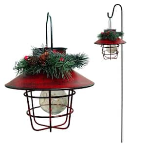 Solar Warm LED Lighted Metal Lantern Antique Christmas Pathway Lights with Shepherd's Hook, Red