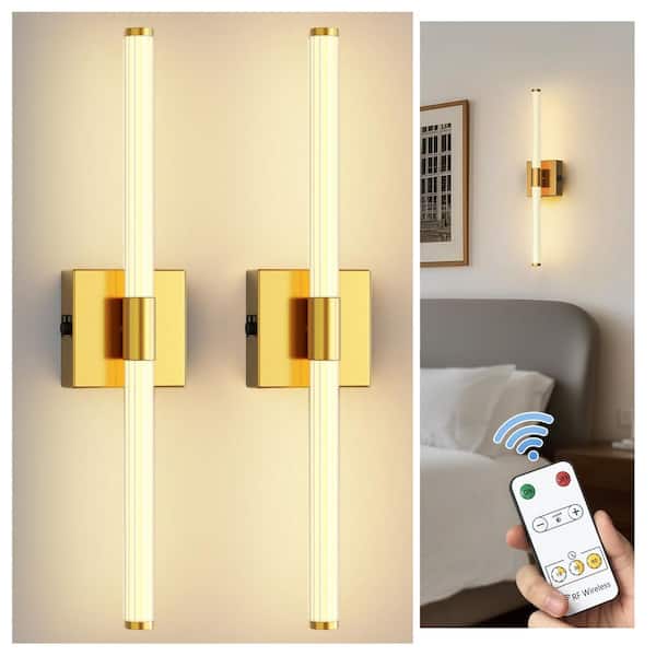 24 in. Gold LED Wall Sconce Set of 2, Modern Rechargeable Vanity Light for Bathroom and Bedroom