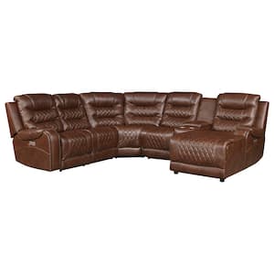 Bergen 101 in. Straight Arm 6-piece Faux Leather Modular Power Reclining Sectional Sofa in Brown with Right Chaise