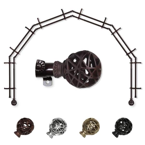 EMOH 13/16" Dia Adjustable 6-Sided Double Bay Window Curtain Rod 28 to 48" (each side) with London Finials in Cocoa