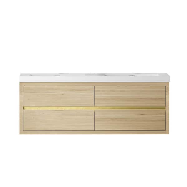 60 in. Wall-Mounted Natural Oak Bath Vanity with Glossy White Solid Surface Top Assembled
