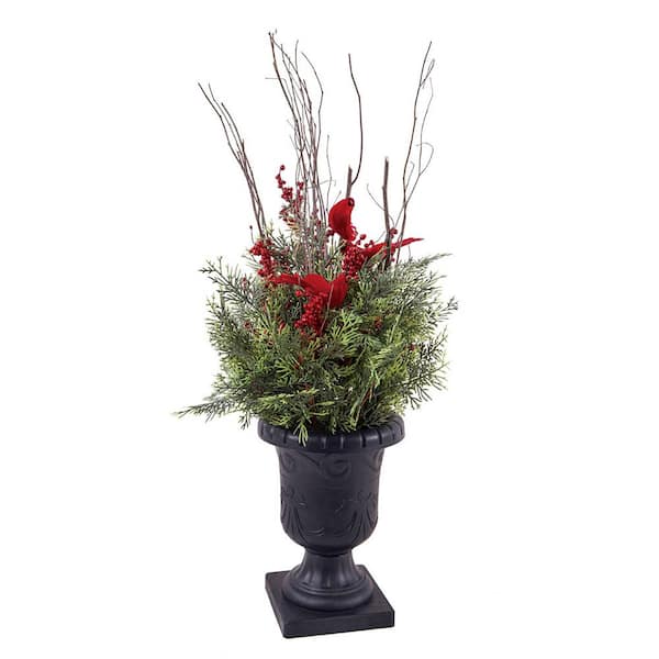 Evergreen Cardinals 30 in. Statement Plastic Planter with Artificials Porch Decor
