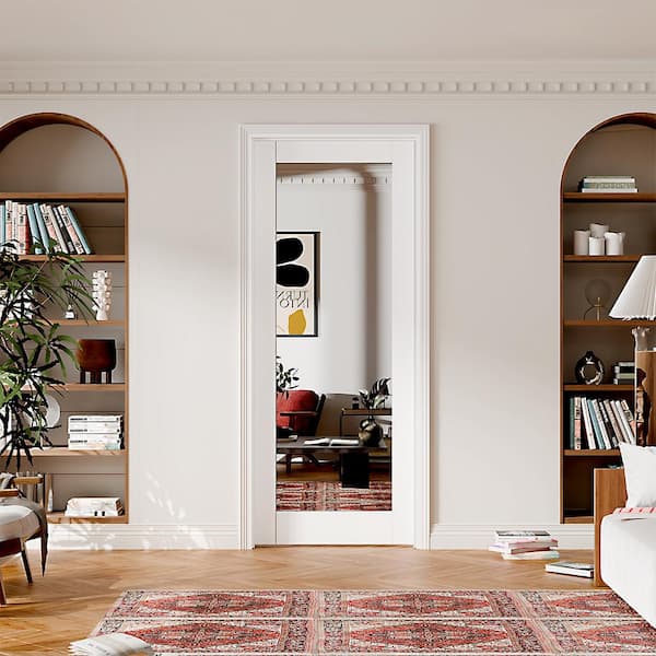 32in. x 80 in. 1-Lite Mirrored Glass Single Prehung Interior Door Right-Handed MDF White with Door Jamb and Hareware Kit