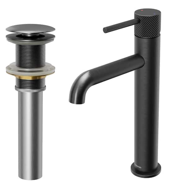 Karran Tryst Single-Handle Single-Hole Vessel Bathroom Faucet with Matching Pop-Up Drain in Gunmetal Grey