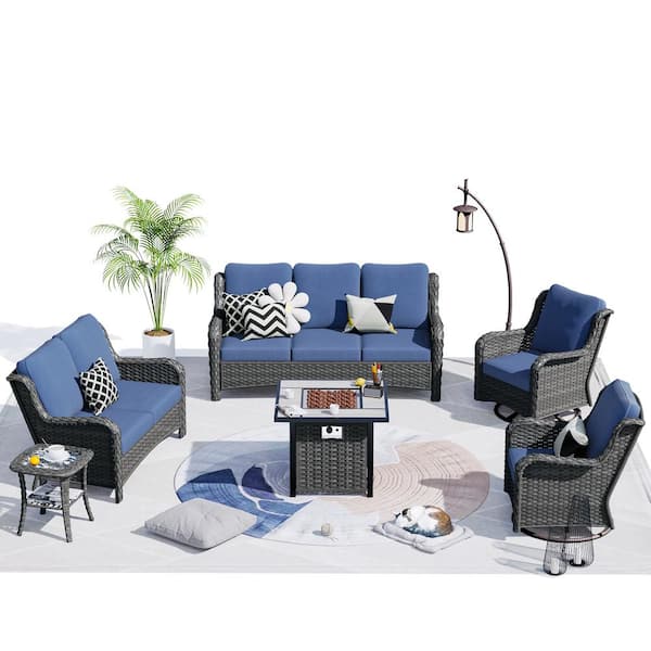 OVIOS Janus Gray 6-Piece Wicker Patio Fire Pit Conversation Seating Set with Denim Blue Cushions
