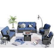 Janus Gray 6-Piece Wicker Patio Fire Pit Conversation Seating Set with Denim Blue Cushions