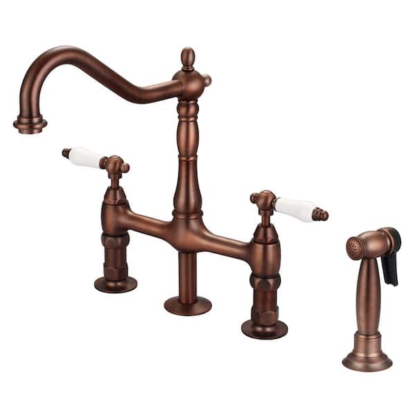 Emral Two Handle Bridge Kitchen Faucet with Porcelain Lever Handles in Oil Rubbed Bronze