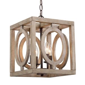 4-Light Farmhouse Square Chandelier with Metal and Wood Shades, Great for Dining Areas, Kitchens, and Living Rooms