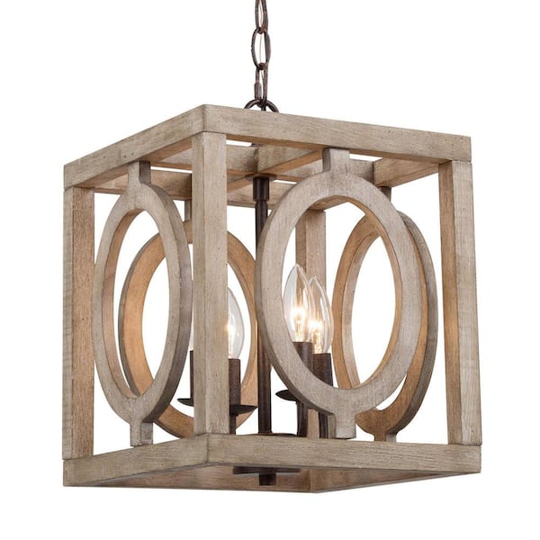 Unbranded 4-Light Farmhouse Square Chandelier with Metal and Wood Shades, Great for Dining Areas, Kitchens, and Living Rooms