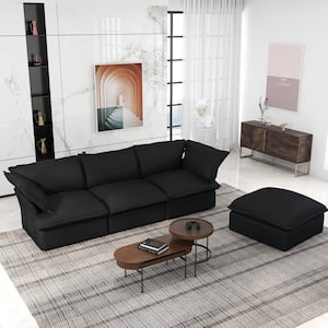 122.8 in. Flared Arm 4-Piece Linen L-Shaped Deep Seat Cloud Couch Pine Wood Sectional Sofa in Black with Storage Ottoman