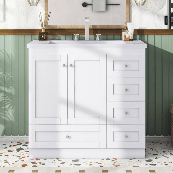 Staykiwi 35.8 in. W x 17.9 in. D x 34.5 in. H Freestanding Bath Vanity in White with White Cultured Marble Top