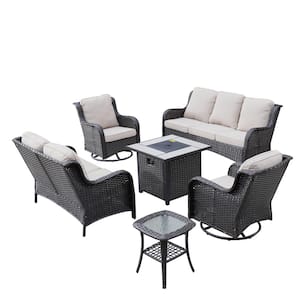 Pluto Brown 6-Piece Wicker Patio Fire Pit Set with Beige Cushions and Swivel Rocking Chairs