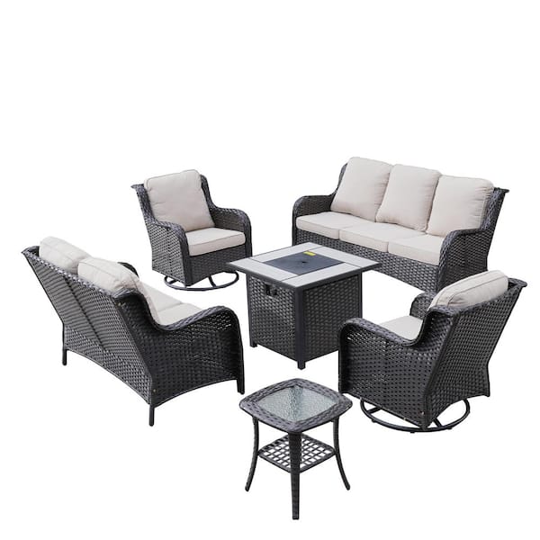 XIZZI Pluto Brown 6-Piece Wicker Patio Fire Pit Set with Beige Cushions and Swivel Rocking Chairs